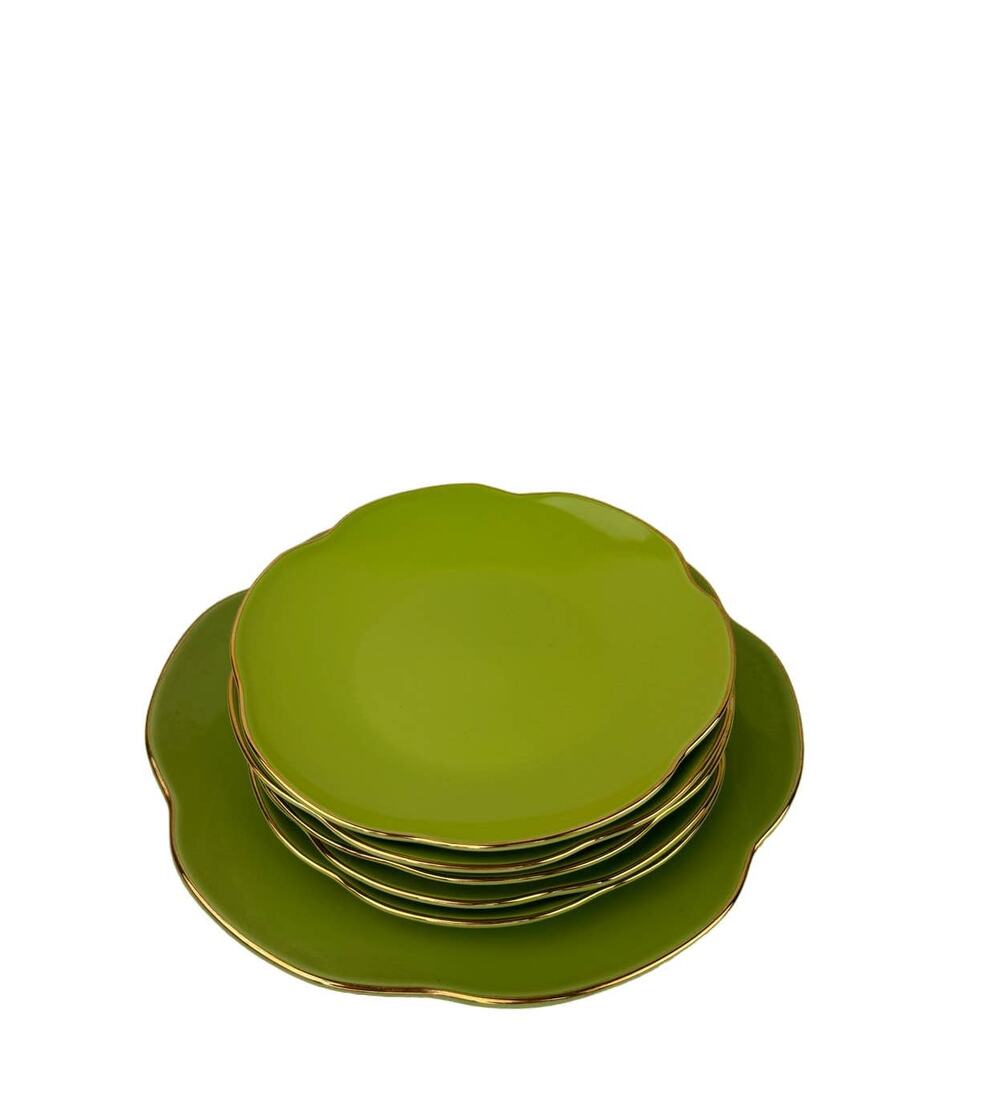 CASATI Fine Porcelain Green Gold Trim Scalloped Dinner Plate & Salad Plate Set
